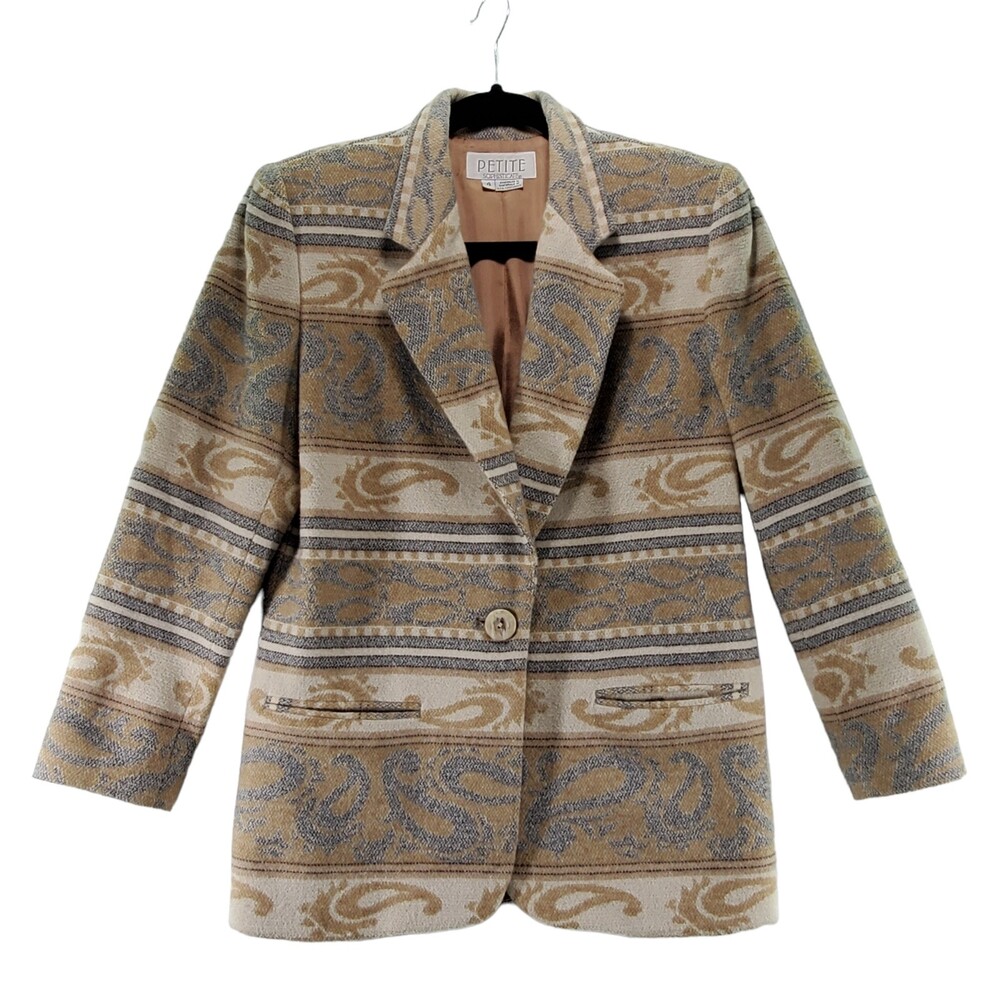 VTG Petite Sophisticate 4 Wool Paisley Bohemian Equestrian Blazer Brown Tan
